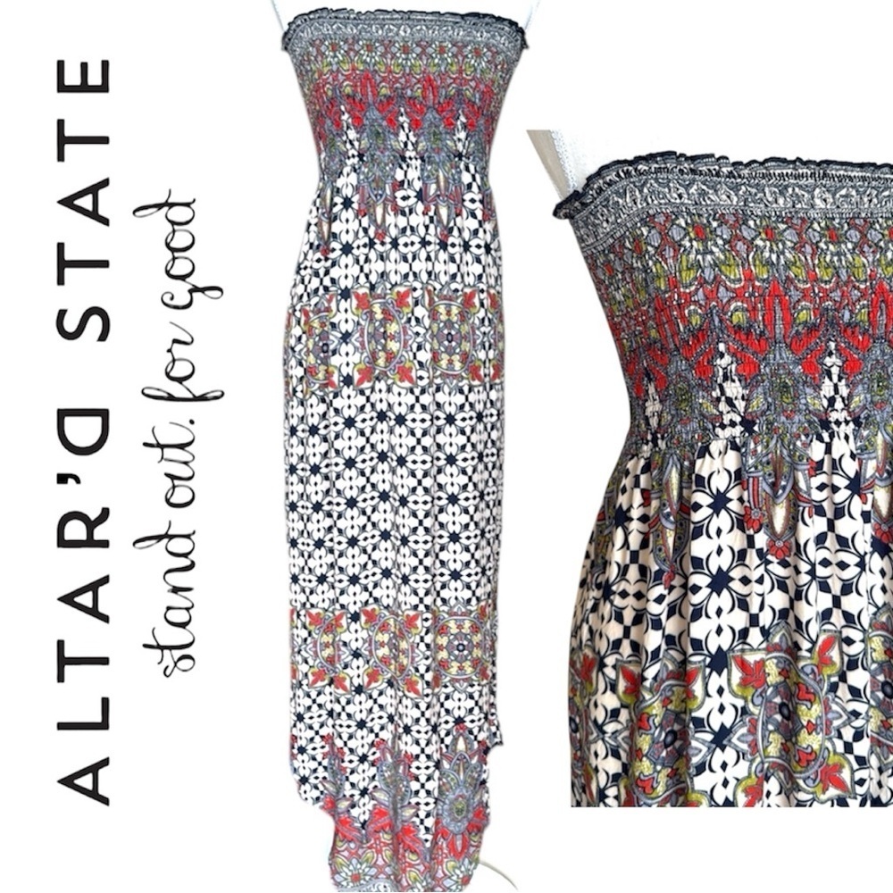 Altar’d State Boho Smocked Top Strapless Maxi Dress Paisley Print Cottage Sz M